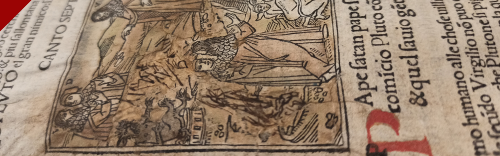 Miniatura rappresentante Dante Alighieri e Virgilio nel loro viaggio nell'Inferno dantesco
