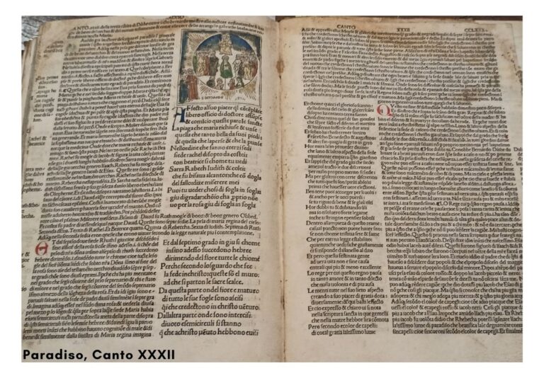 Testo scritto a mano e miniatura all'inizio del Canto